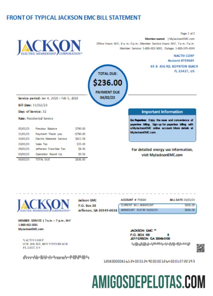 Georgia JACKSON EMC Utility Business Bill, Página 1 SCR exemplo